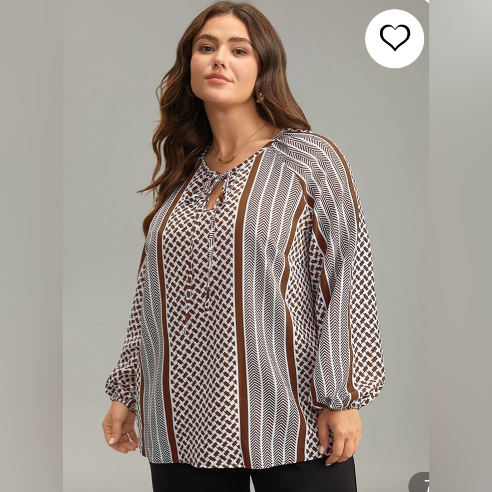 🩷. 43. 🟰. Plus Size Boho Geometric Print Blouse Brown White Long Sleeve Peas
